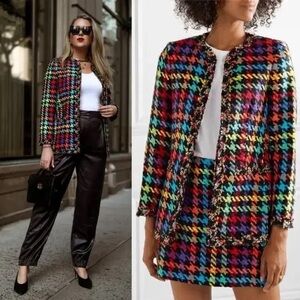 Alice and Olivia rainbow houndstooth tweed blazer